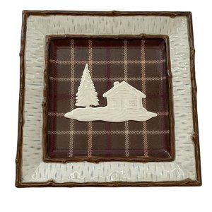 Homestudio Lake Cabin‎ Dinner Plate Square Plaid Rustic Embossed Stoneware 11"